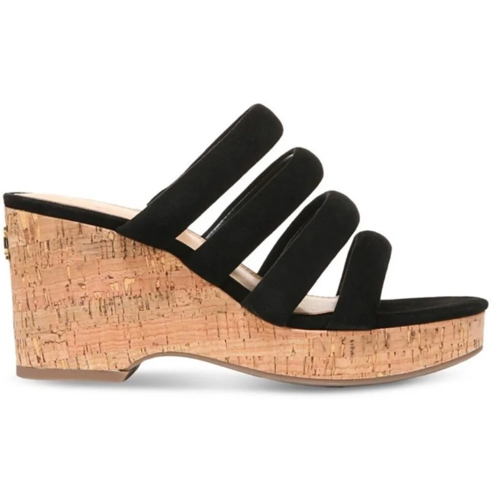 Sam Edelman Yuki platform wedge black suede 4 strap sandals.